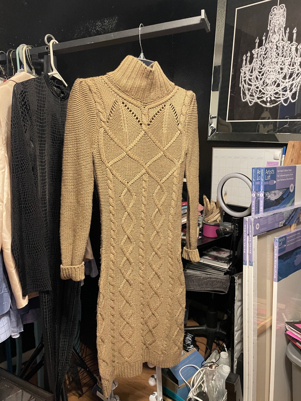 Cable Knit Turtleneck Sweater Dress in Camel